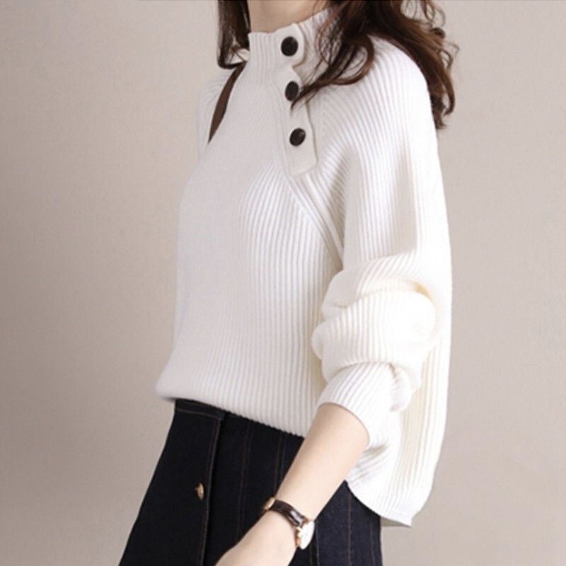潮流慵懶風紐扣外穿半高領針織毛衣