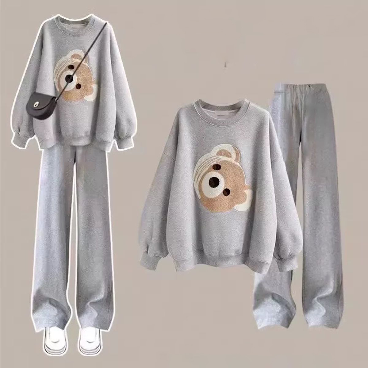 【單件/套裝】美式慵懶寬鬆圓領長袖T恤+休閑闊腿褲兩件套