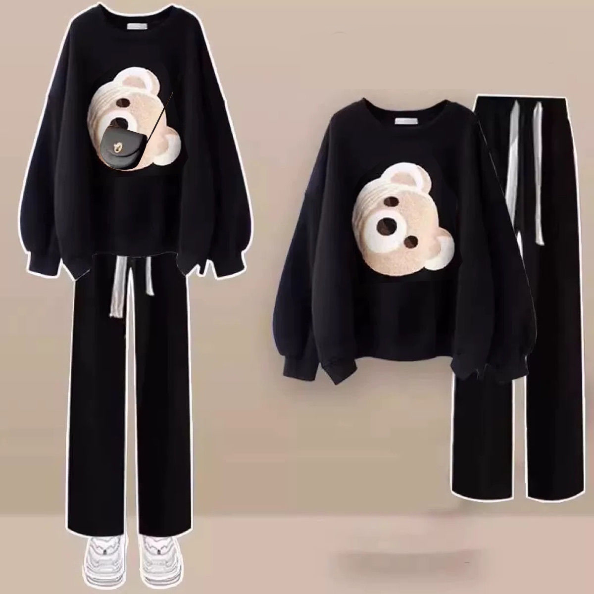 【單件/套裝】美式慵懶寬鬆圓領長袖T恤+休閑闊腿褲兩件套