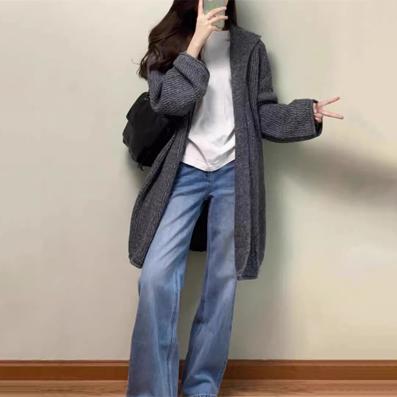 韓系氣質中長版寬鬆慵懶風連帽針織開衫