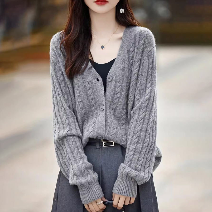 韓版復古麻花寬鬆長袖素色V領針織開衫