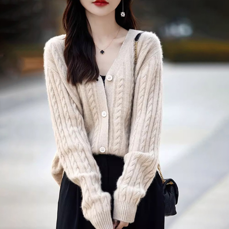 韓版復古麻花寬鬆長袖素色V領針織開衫