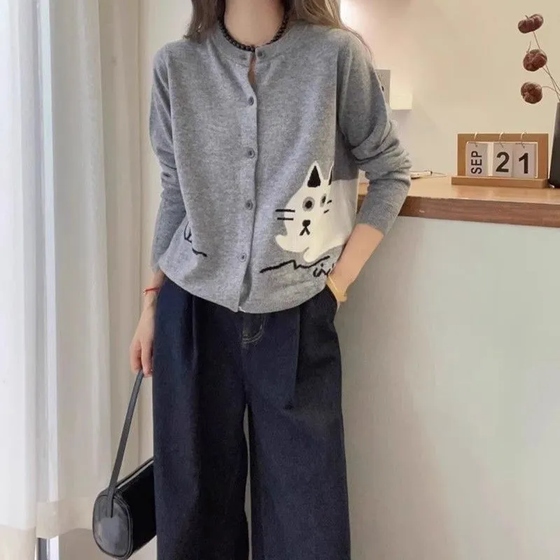 設計感圓領可愛時尚卡通刺繡針織開衫