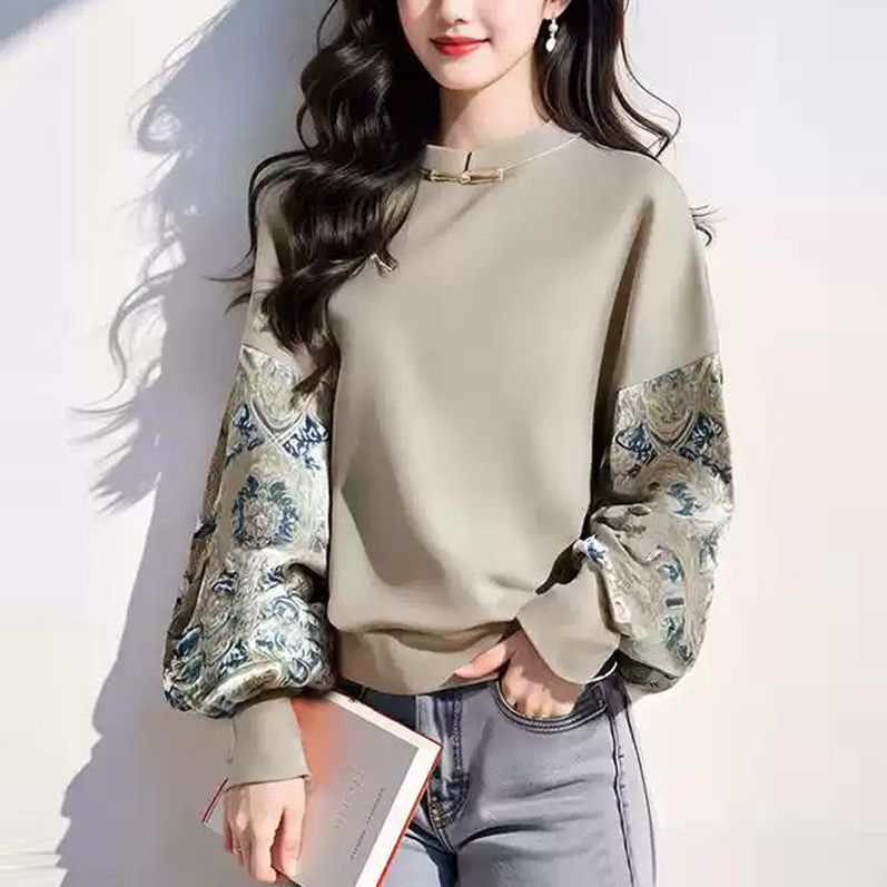 新中式國風印花設計感重工盤扣拼接長袖T恤