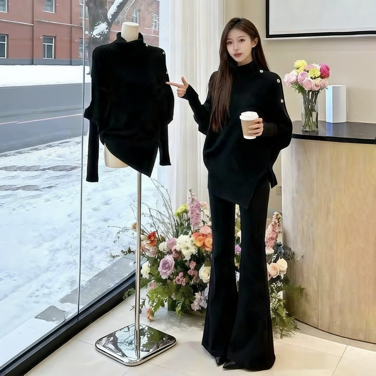 法式復古不規則設計修身打底高領針織毛衣