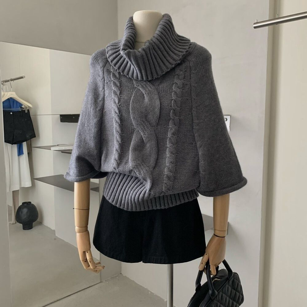 麻花斗篷氛圍針織衫復古寬鬆中袖高領毛衣