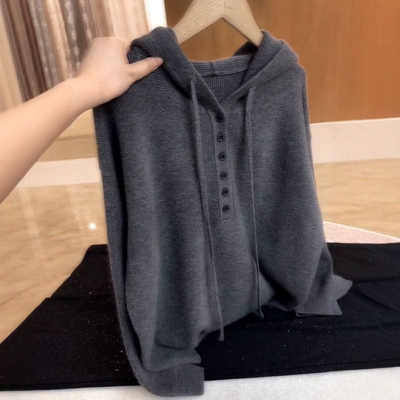 設計感素色寬鬆慵懶抽繩連帽針織衫