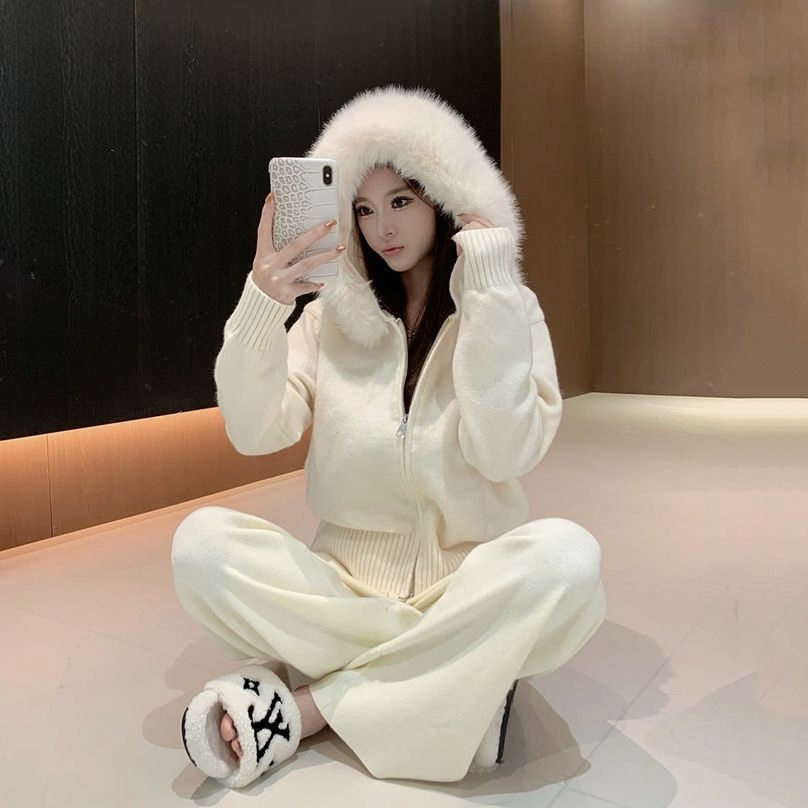 【單件/套裝】寬鬆慵懶風毛領連帽拉鏈開衫+百搭顯瘦闊腿褲兩件套裝