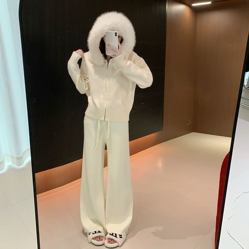 【單件/套裝】寬鬆慵懶風毛領連帽拉鏈開衫+百搭顯瘦闊腿褲兩件套裝