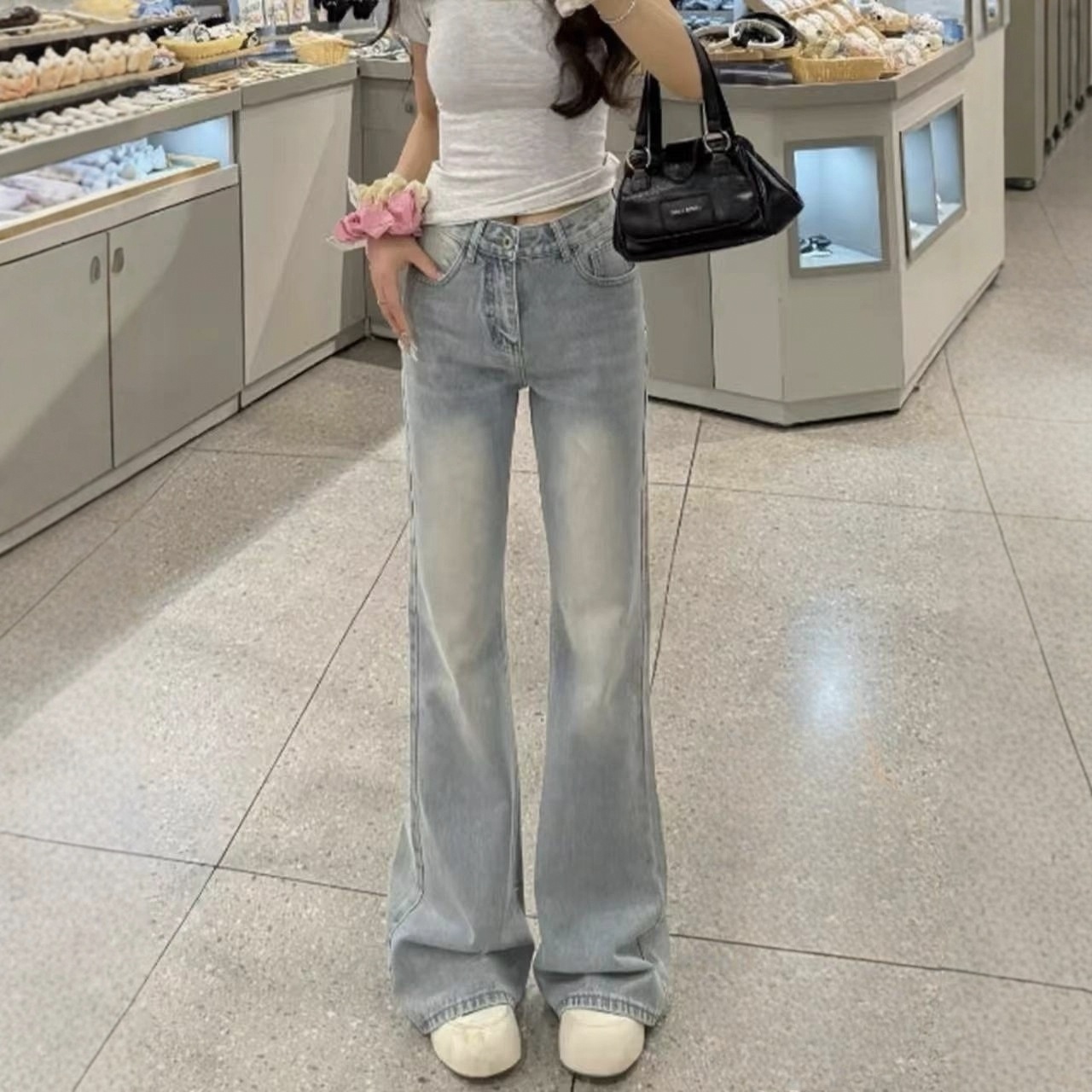 美式復古刷毛加厚高腰顯瘦微喇拖地牛仔褲