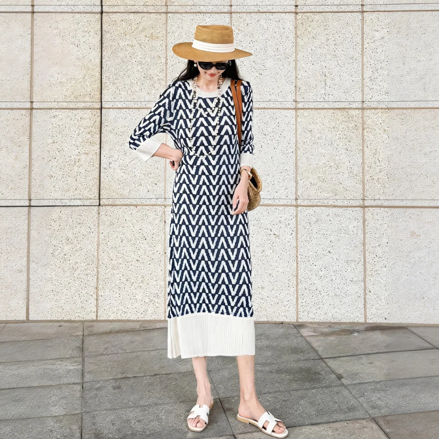 時尚休閑巨顯瘦褶皺印花氣質中長款洋裝
