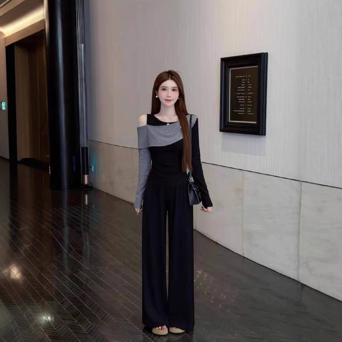 【單件/套裝】韓版高級感氣質撞色拼接露肩不規則上衣+高腰長褲兩件套裝