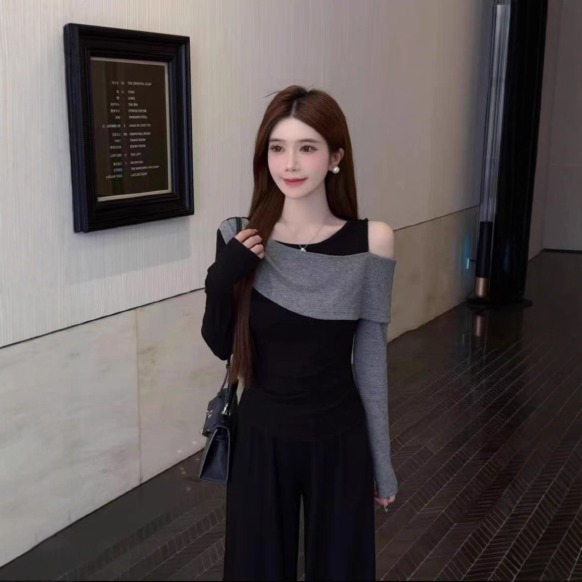 【單件/套裝】韓版高級感氣質撞色拼接露肩不規則上衣+高腰長褲兩件套裝