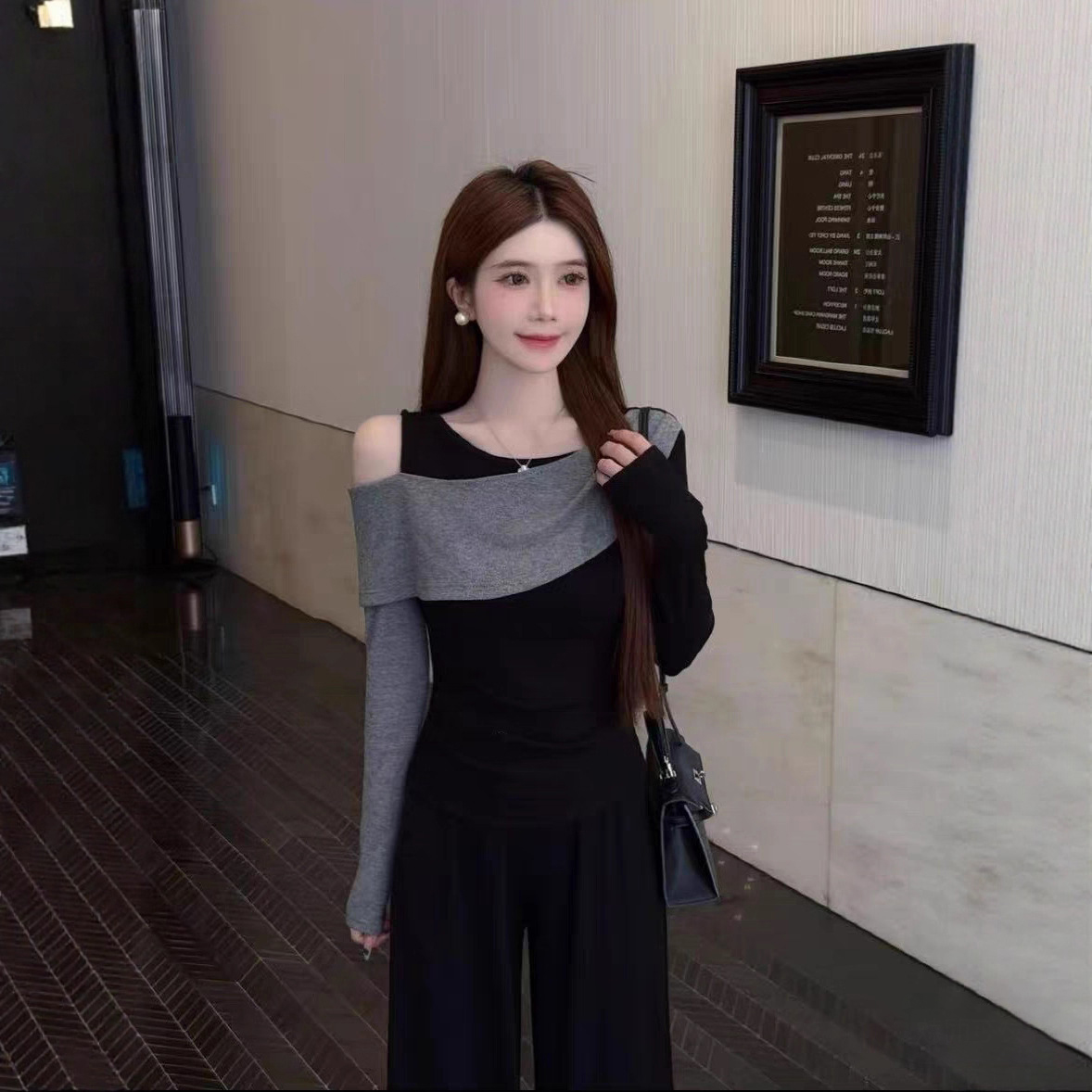 【單件/套裝】韓版高級感氣質撞色拼接露肩不規則上衣+高腰長褲兩件套裝