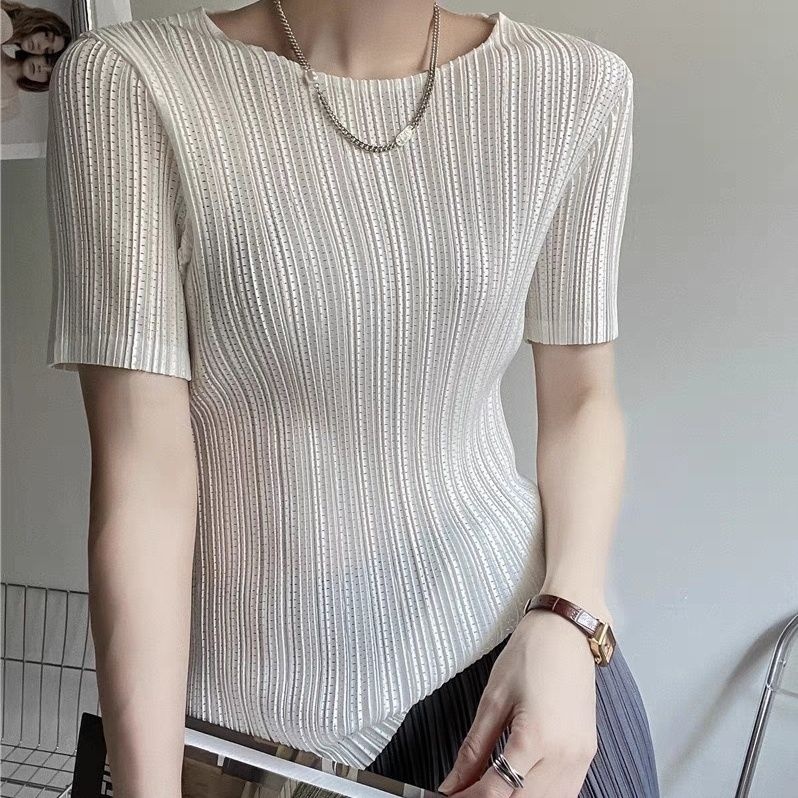 壓褶氣質薄款彈力圓領百搭修身短袖T恤