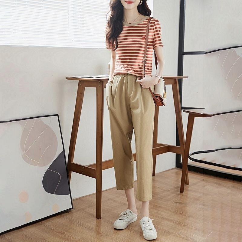 【單件/套裝】純棉休閑條紋時尚短袖T恤+松緊腰百搭休閑褲兩件套