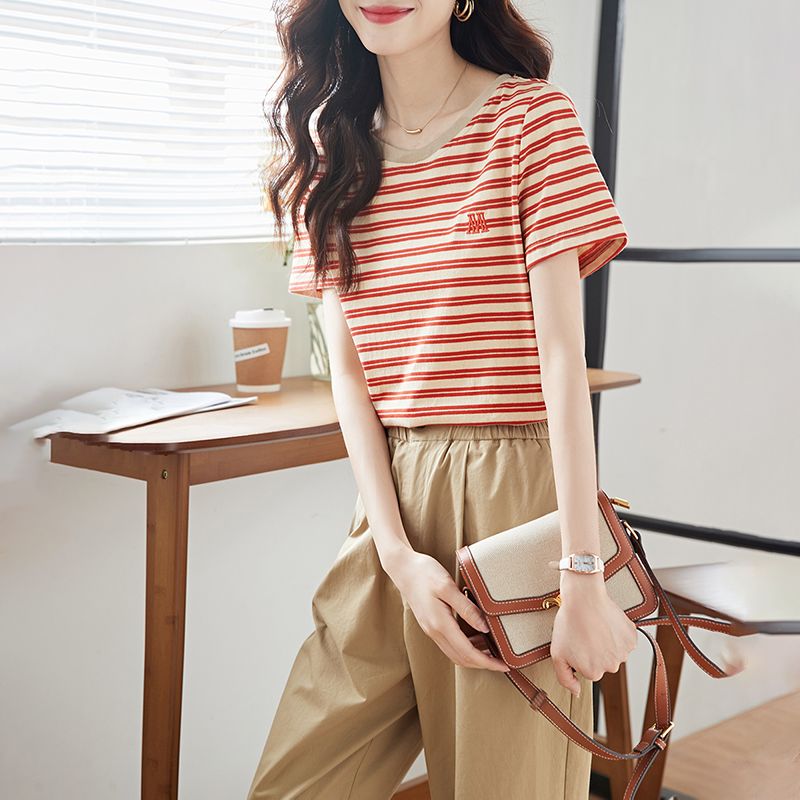 【單件/套裝】純棉休閑條紋時尚短袖T恤+松緊腰百搭休閑褲兩件套