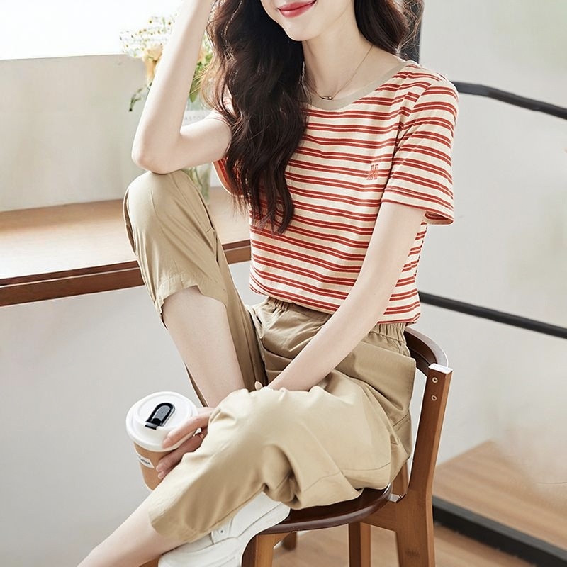 【單件/套裝】純棉休閑條紋時尚短袖T恤+松緊腰百搭休閑褲兩件套