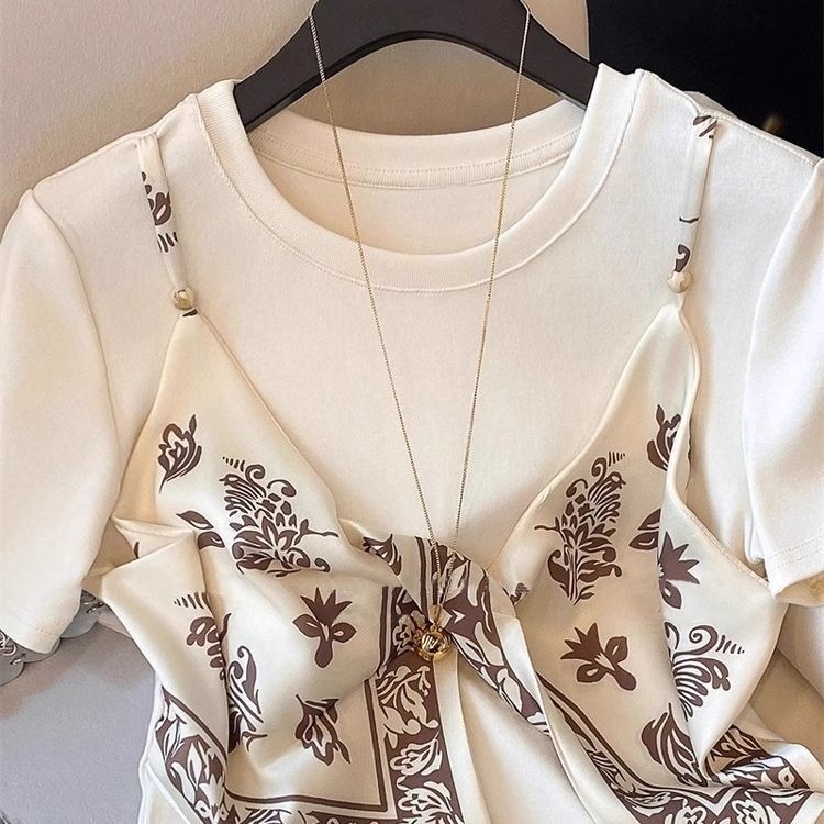 寬鬆百搭顯瘦別緻絲巾吊帶設計感假兩件T恤