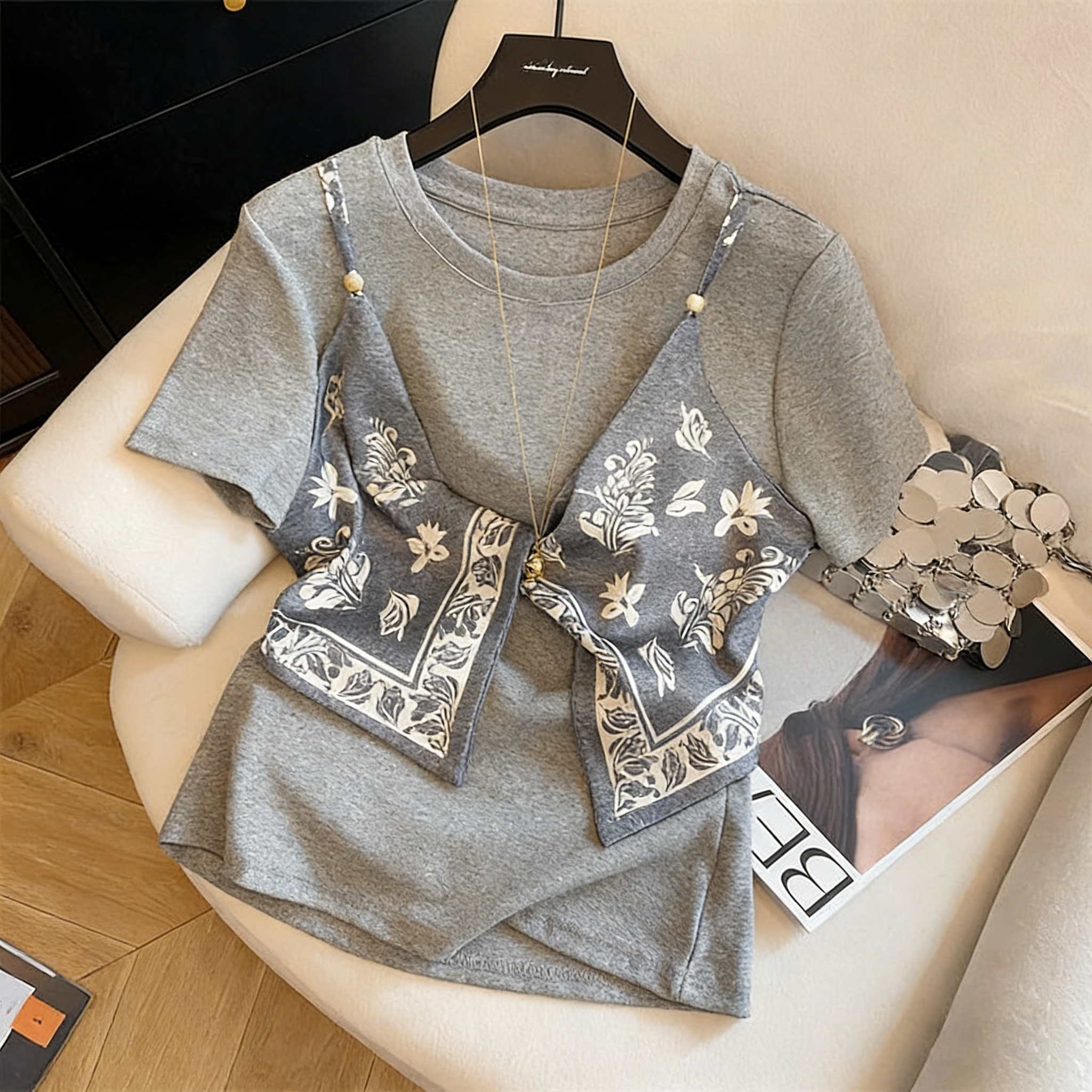 寬鬆百搭顯瘦別緻絲巾吊帶設計感假兩件T恤