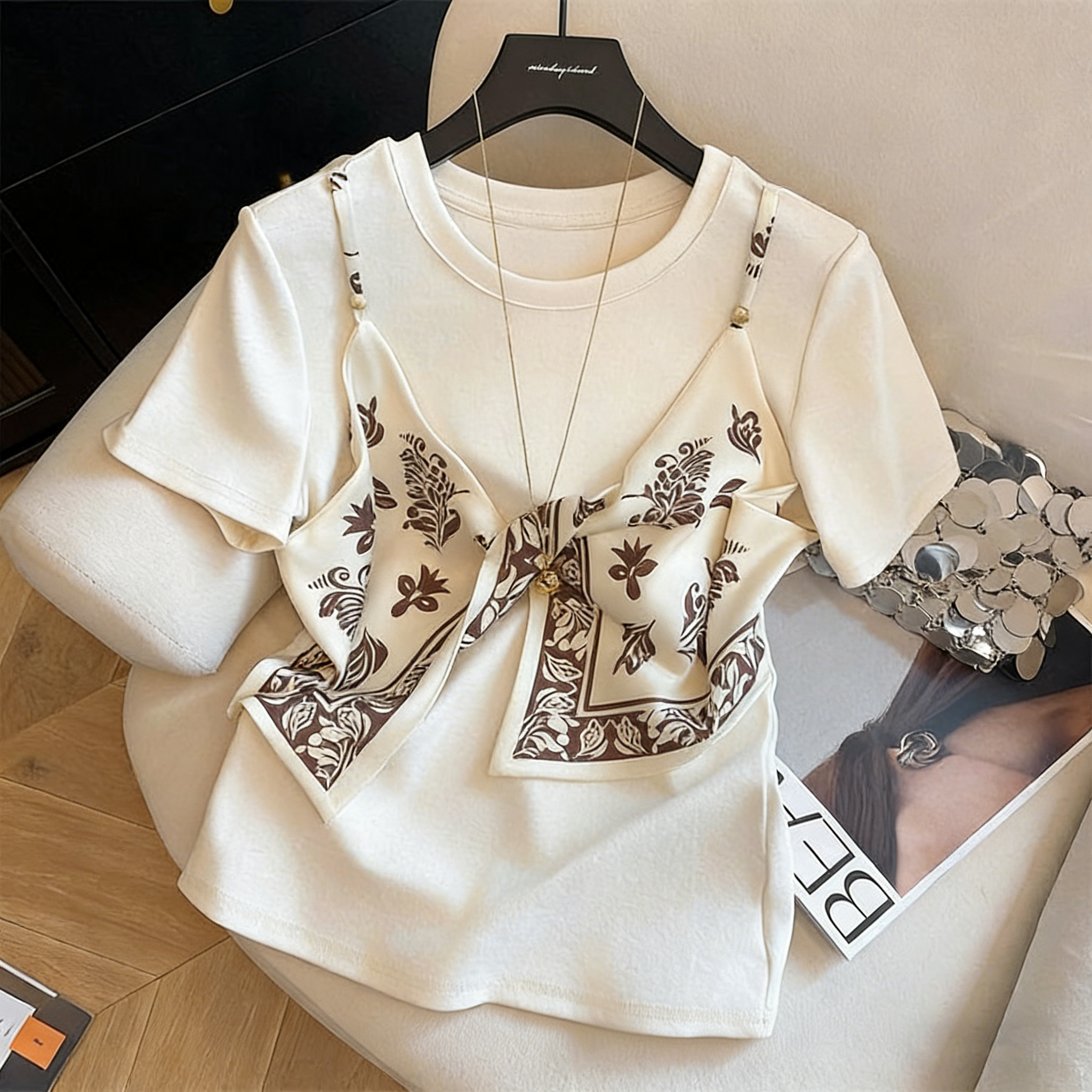 寬鬆百搭顯瘦別緻絲巾吊帶設計感假兩件T恤