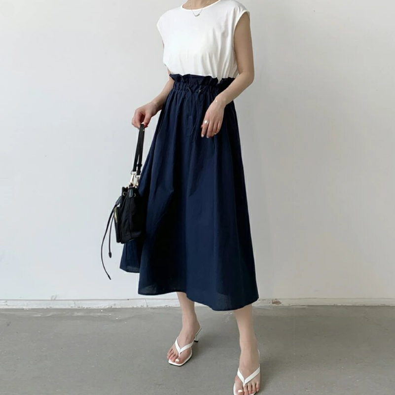 日韓寬鬆長版可收腰時尚拼接撞色洋裝