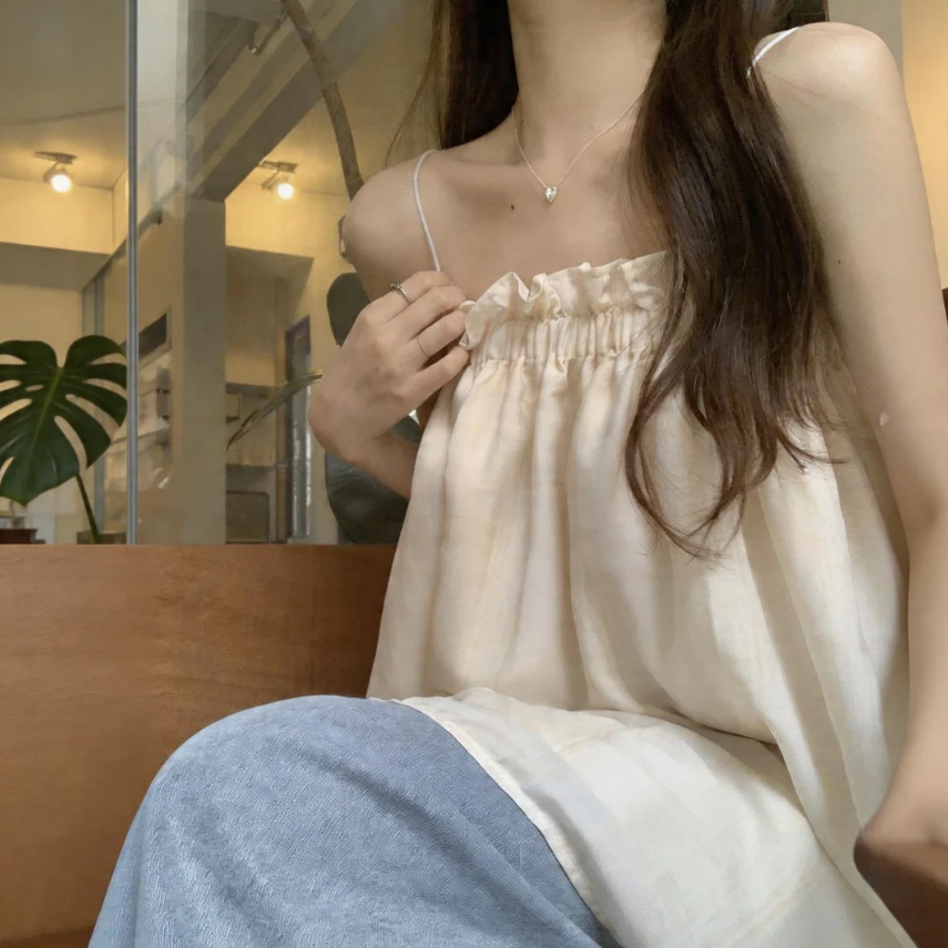 復古木耳邊洋氣百搭寬鬆抹胸吊帶背心