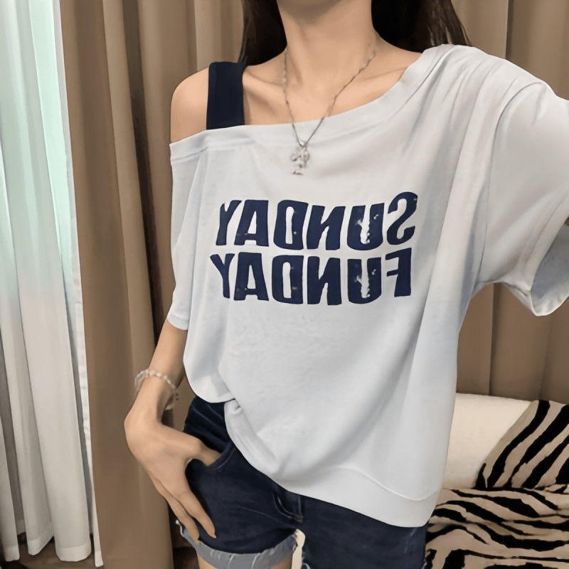 韓版時尚寬鬆顯瘦斜肩吊帶撞色字母短袖T桖-HaloBless