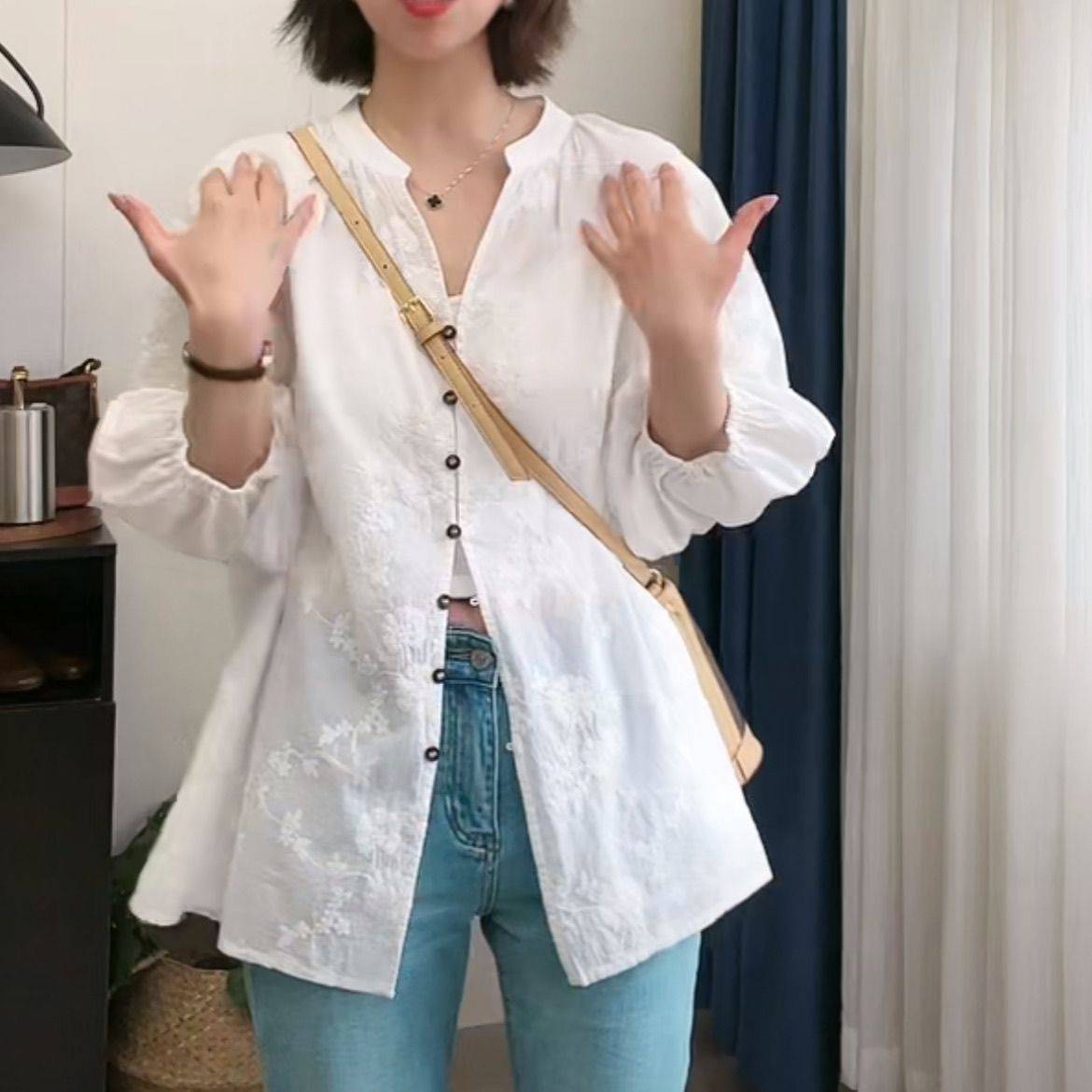 提花刺繡棉質百搭防曬寬鬆七分袖中長款開衫襯衫