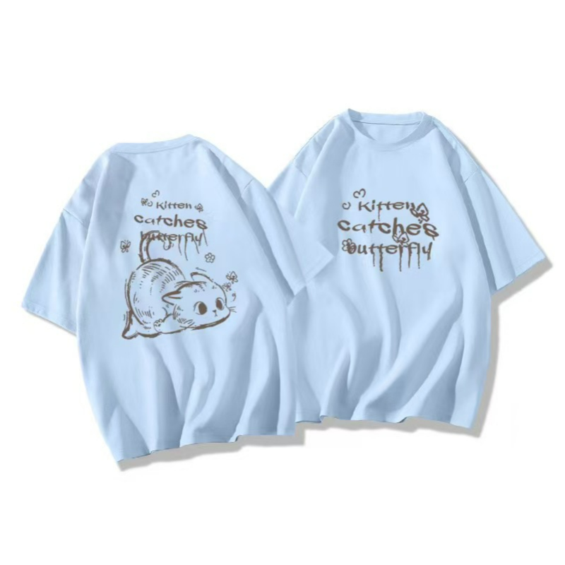 貓咪印花卡通可愛個性寬鬆透氣短袖T恤-HaloBless