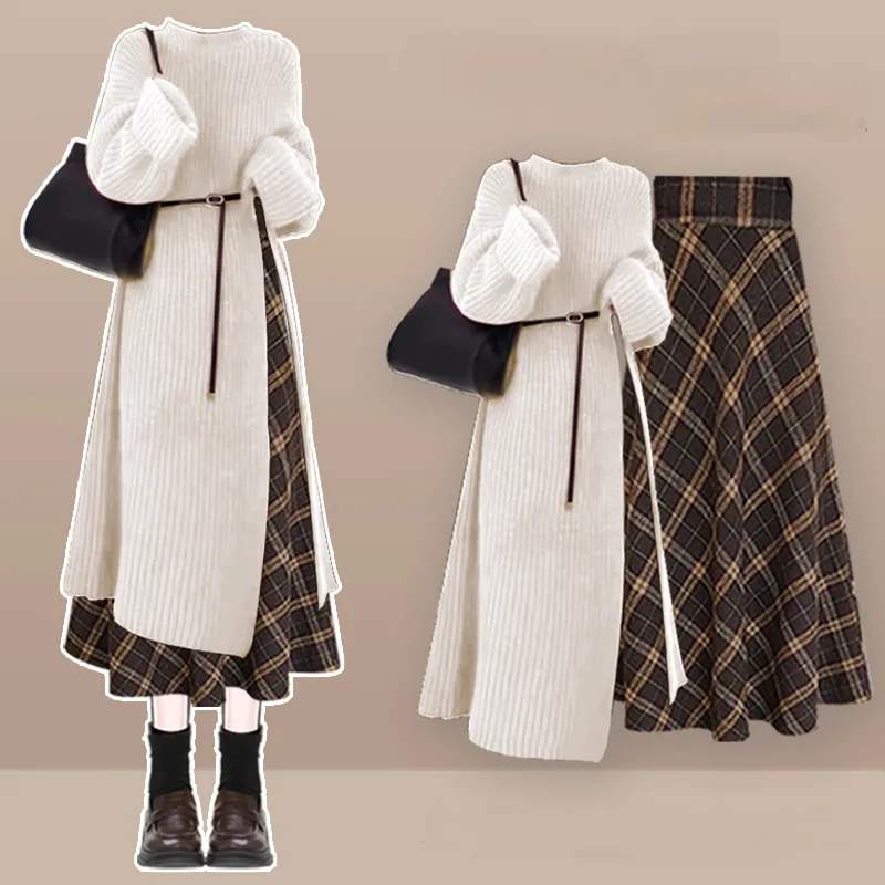 【單件/套裝】法式氣質毛衣連身裙顯瘦百搭格子半身裙兩件套裝