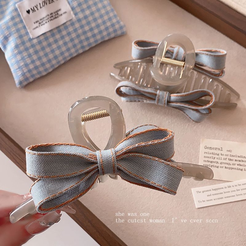 时尚牛仔蓝高级感鲨鱼夹蝴蝶结抓夹-HaloBless