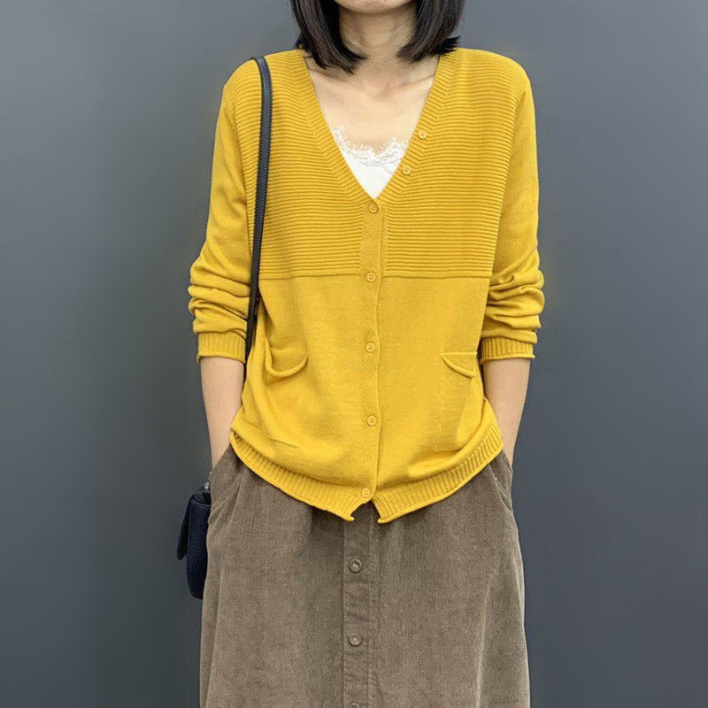 寬鬆顯瘦文藝純色長袖薄款針織開衫-HaloBless