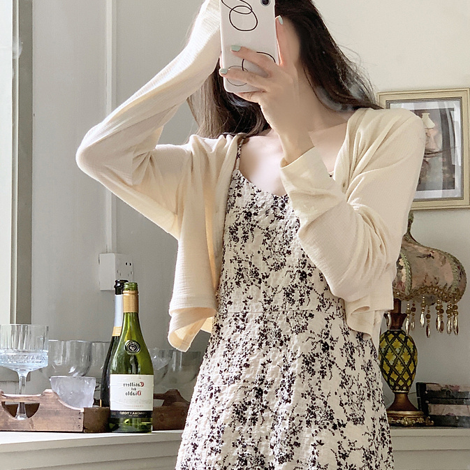 【單件/套裝】新中式碎花吊帶連身裙+針織長袖開衫兩件套裝-HaloBless
