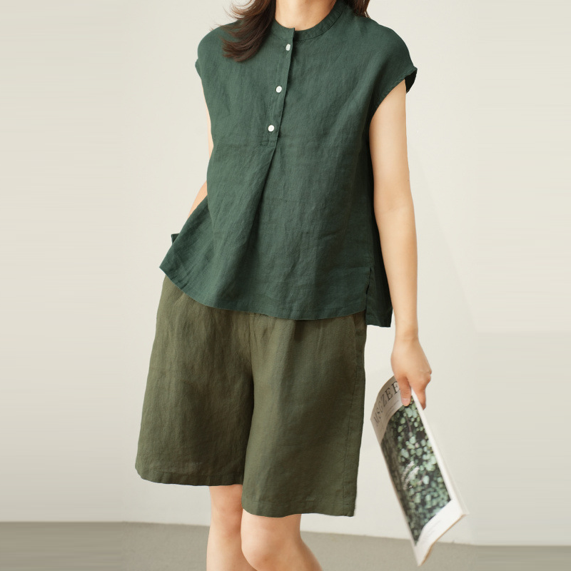 日系通勤棉麻落肩立領顯瘦無袖襯衫-HaloBless