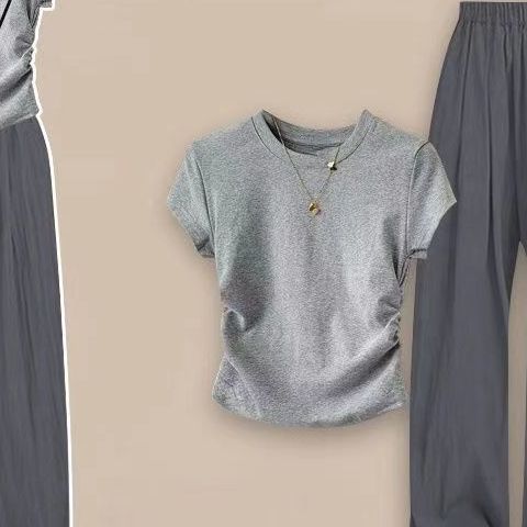 【單件/套裝】韓系簡約百搭純棉正肩T恤+寬鬆闊腿褲兩件套裝-HaloBless