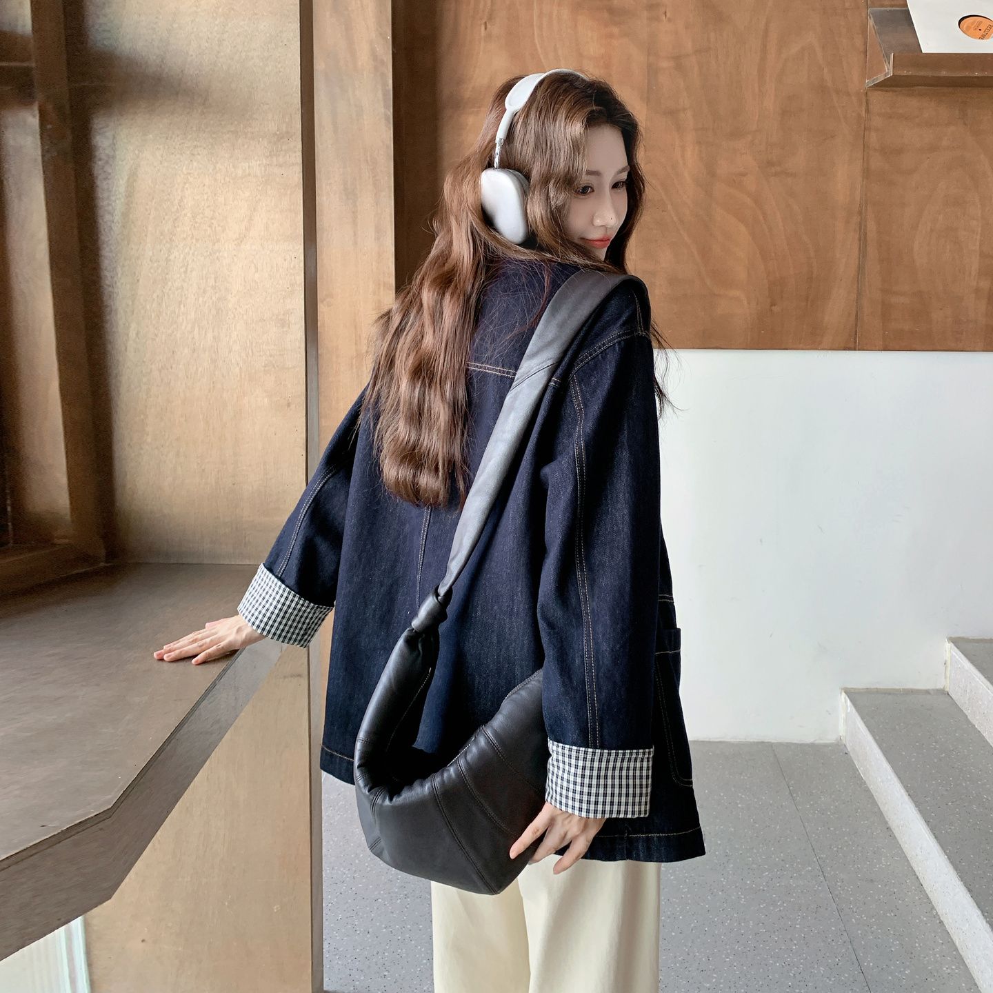 拼接寬鬆顯瘦百搭夾克中長款牛仔外套-HaloBless