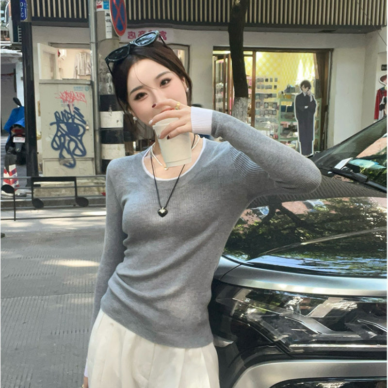 圓領撞色內搭設計感針織長袖T恤-HaloBless