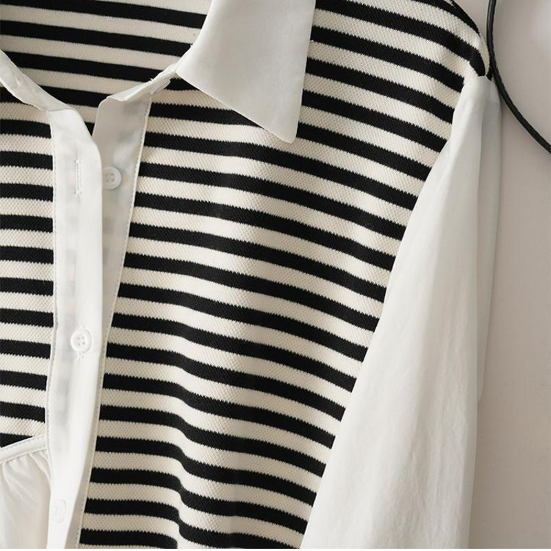 寬鬆針織拼接休閒中長版長袖襯衫