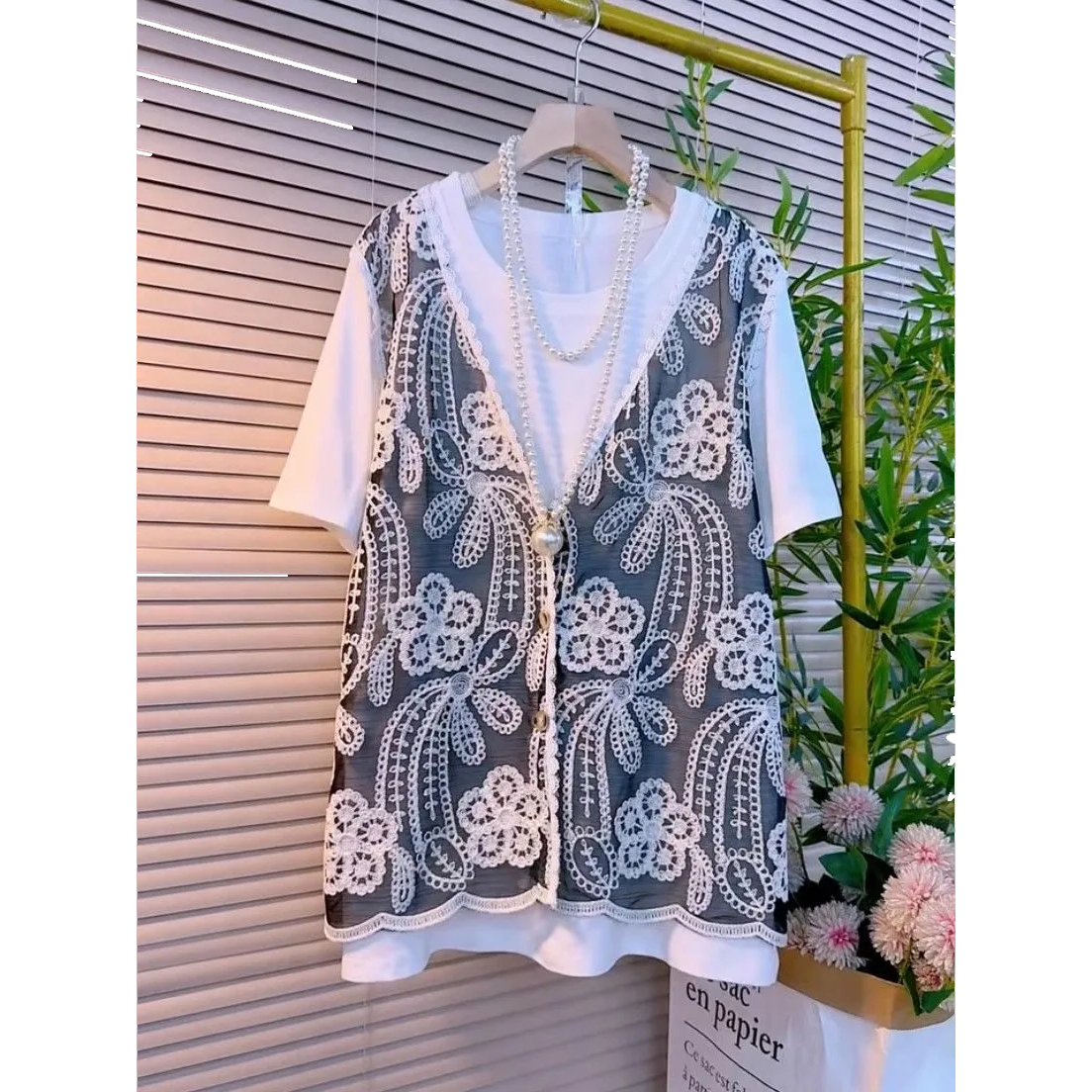 高級感假兩件鉤花鏤空寬鬆洋氣短袖T恤