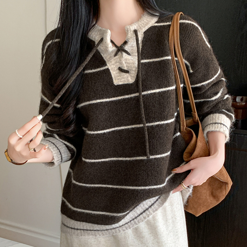 條紋套頭系帶開領高級感撞色針織衫