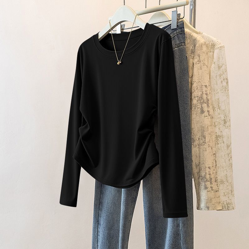 設計感褶皺收腰百搭修身圓領打底長袖T恤-HaloBless