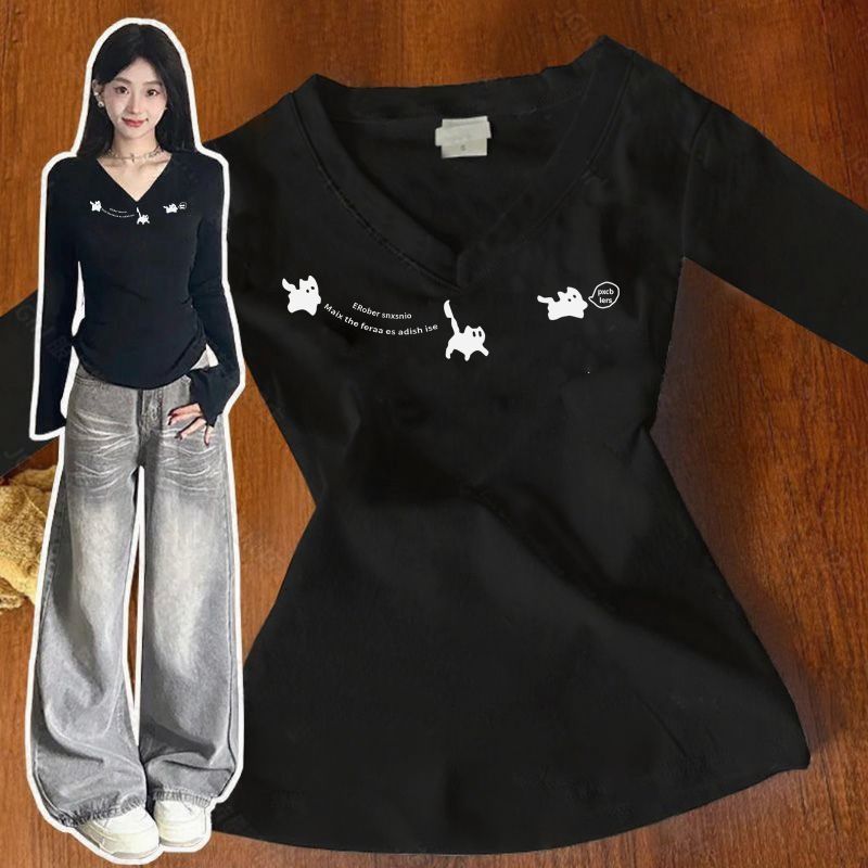 潮流字母印花修身顯瘦v領長袖T恤