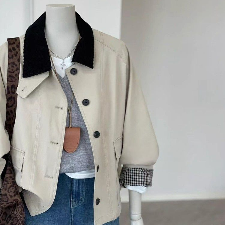 韓系復古小眾設計感撞色格紋拼接風衣外套-HaloBless