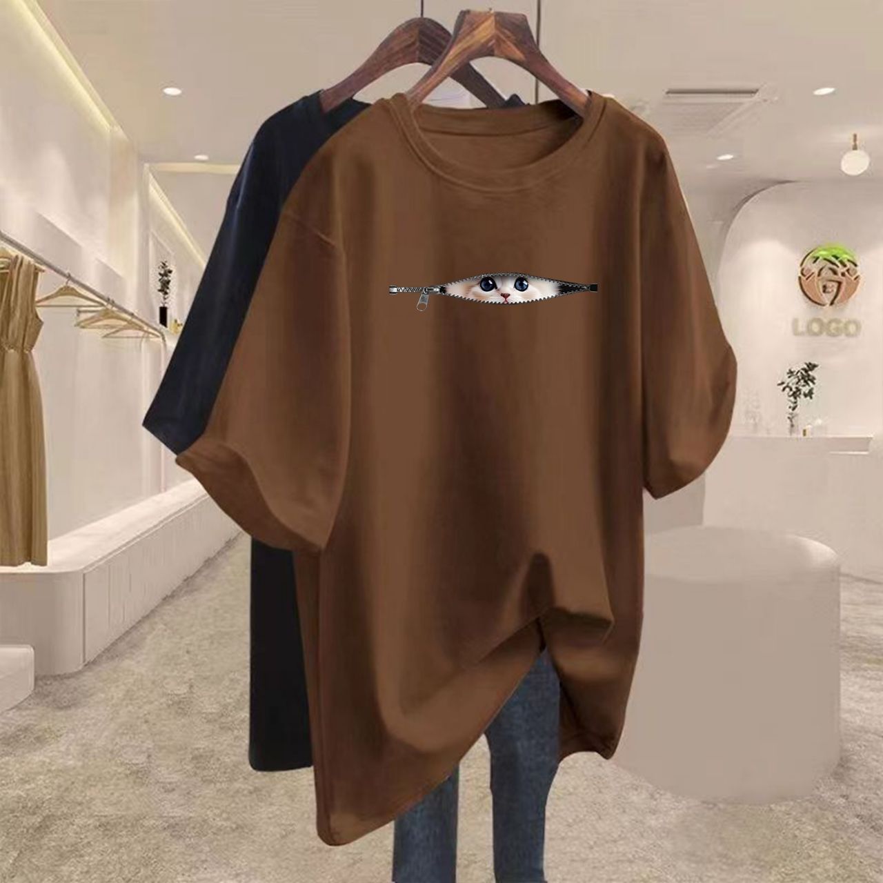 16色純棉寬鬆可愛貓咪寬鬆中長款百搭短袖T恤-HaloBless