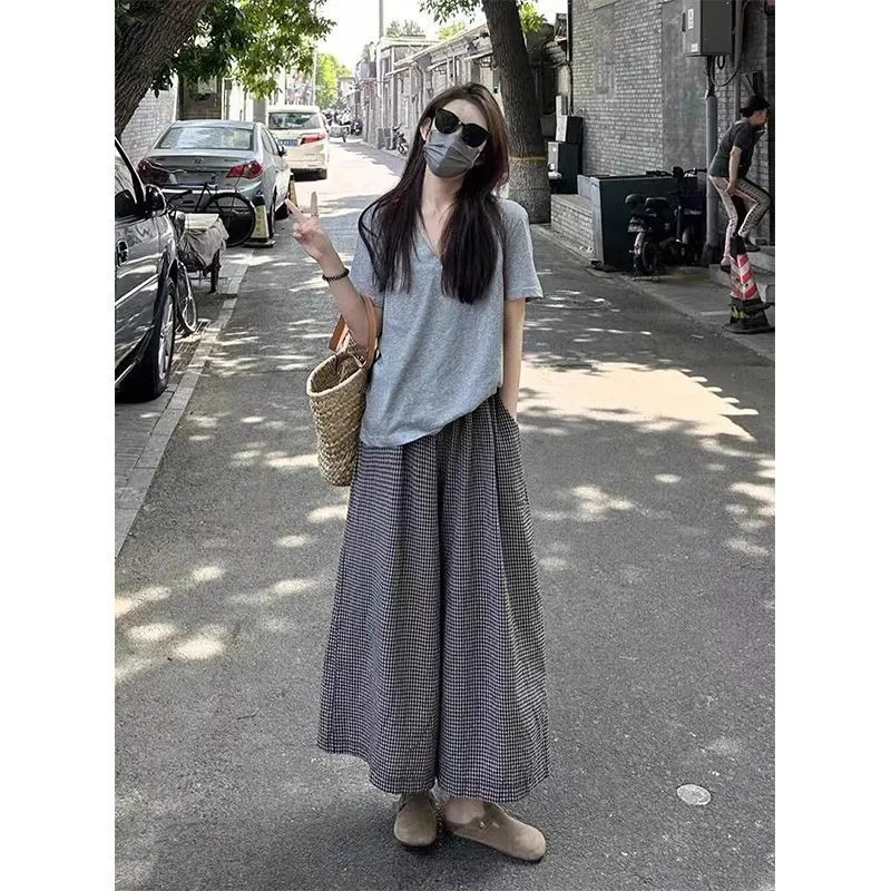 【單件/整套】休閒透氣涼爽V領短袖T恤+格子垂墜感寬鬆長褲兩件套裝-HaloBless