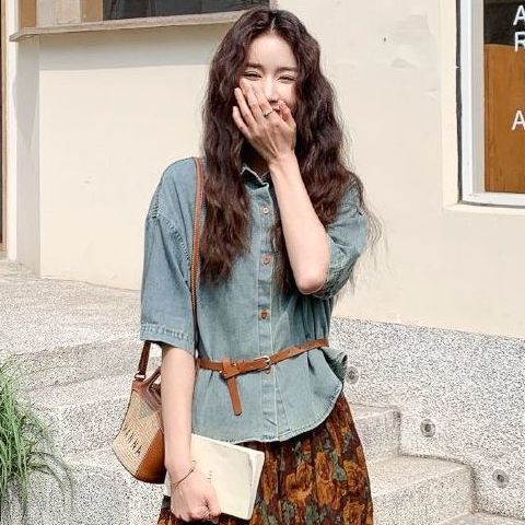 【單品/套裝】短袖牛仔襯衫碎花半身裙兩件套裝-HaloBless