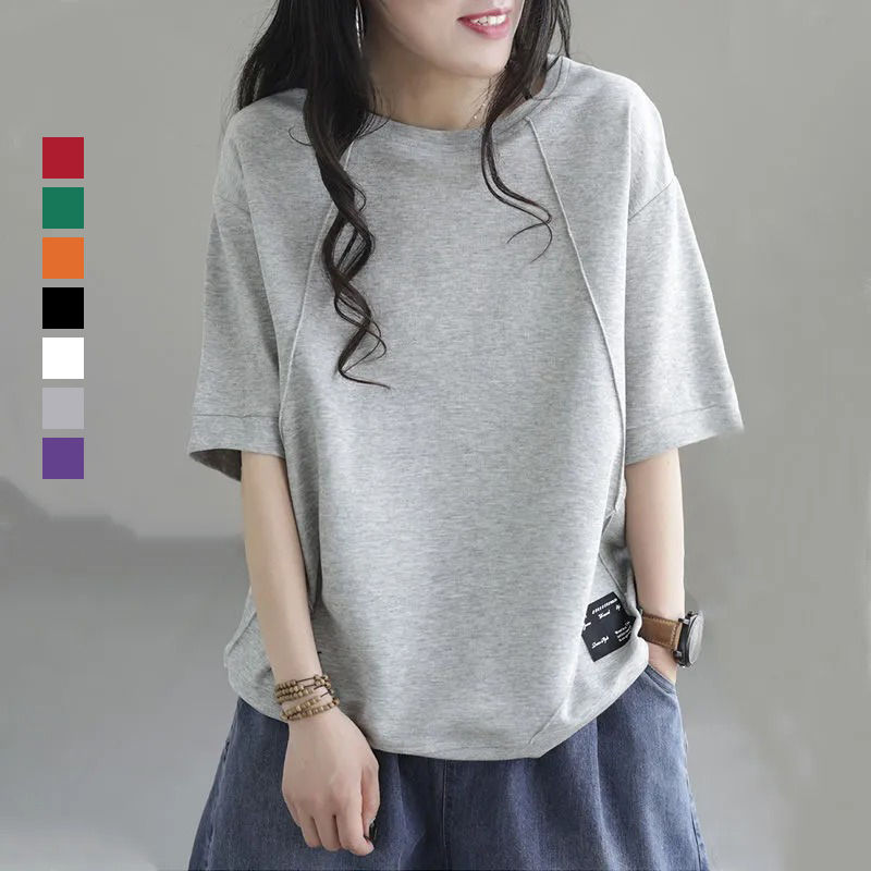 文藝純棉寬鬆復古圓領拼接短袖T恤-HaloBless