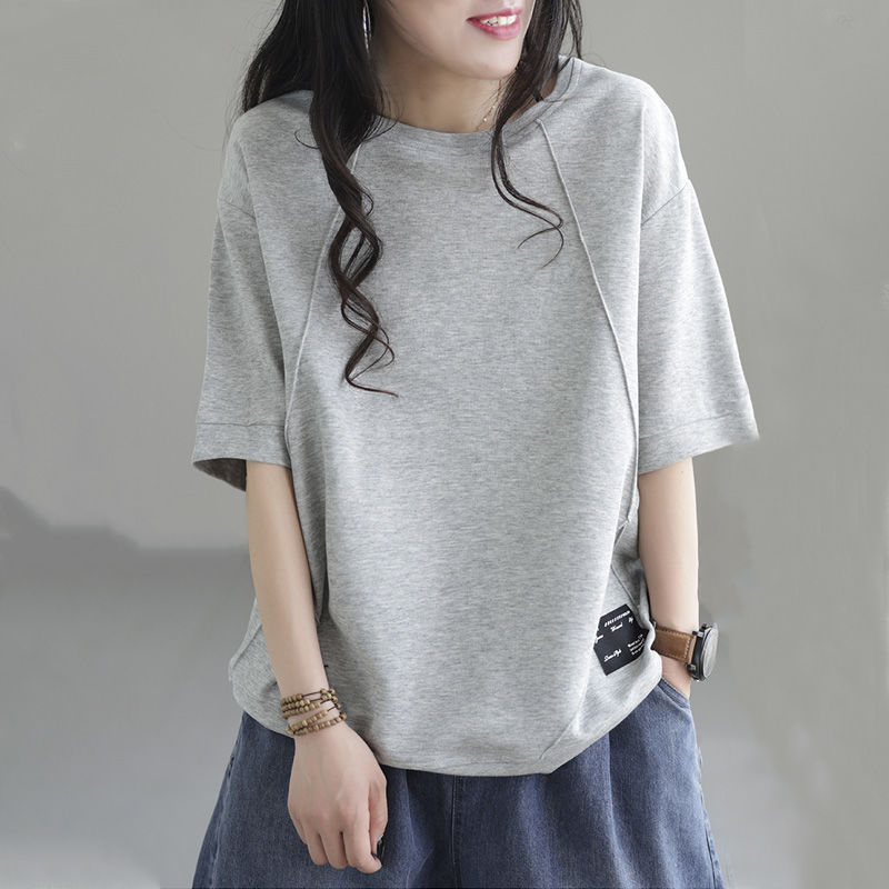 文藝純棉寬鬆復古圓領拼接短袖T恤-HaloBless