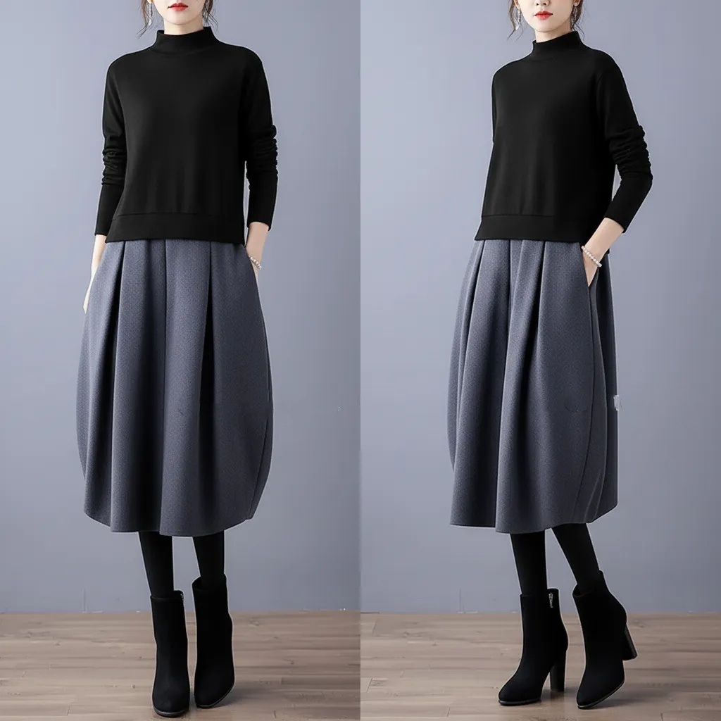 日韓休閑圓領長袖潮流拼色假兩件洋裝